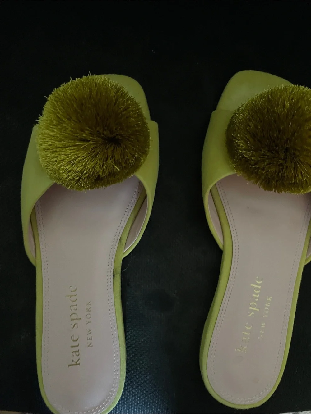 kate spade chartreuse pompom slide mules